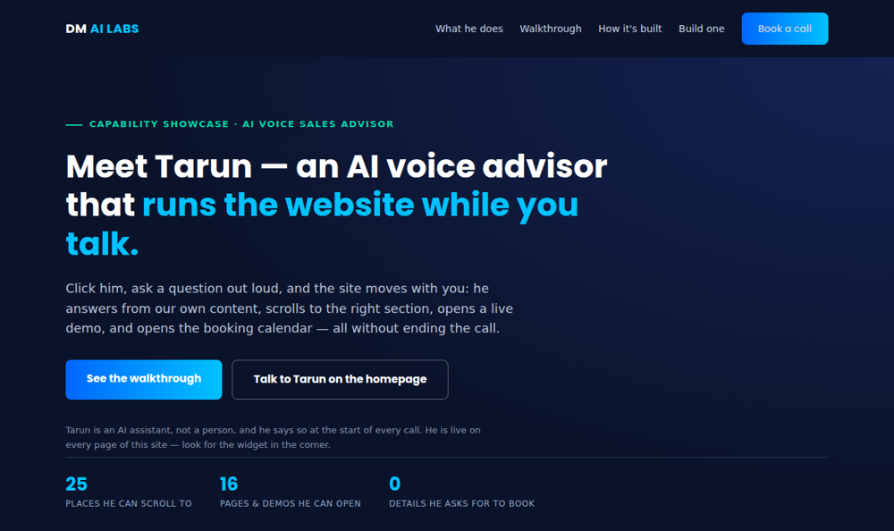 Tarun — an AI voice sales advisor that runs the DM AI Labs website while you talk