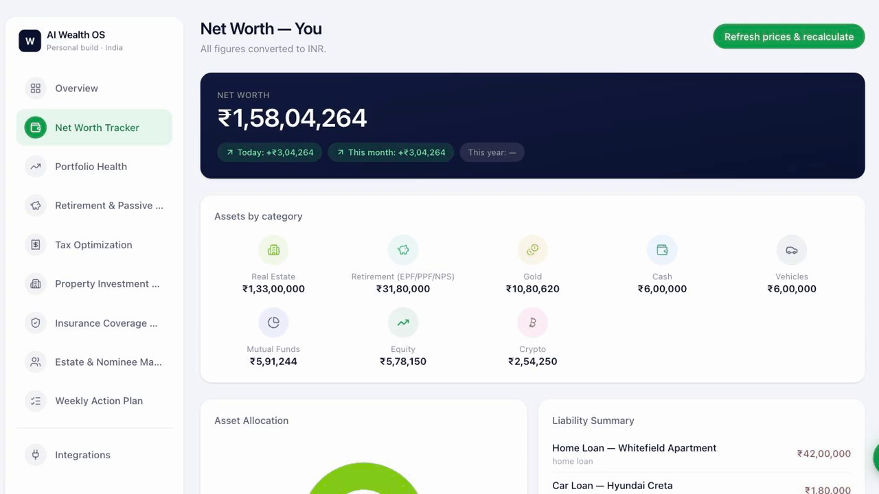 AI Wealth OS net worth dashboard