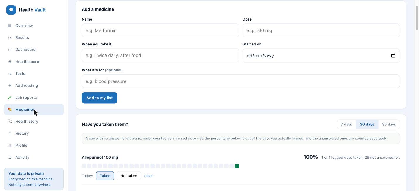Health Vault medicines and adherence tracking