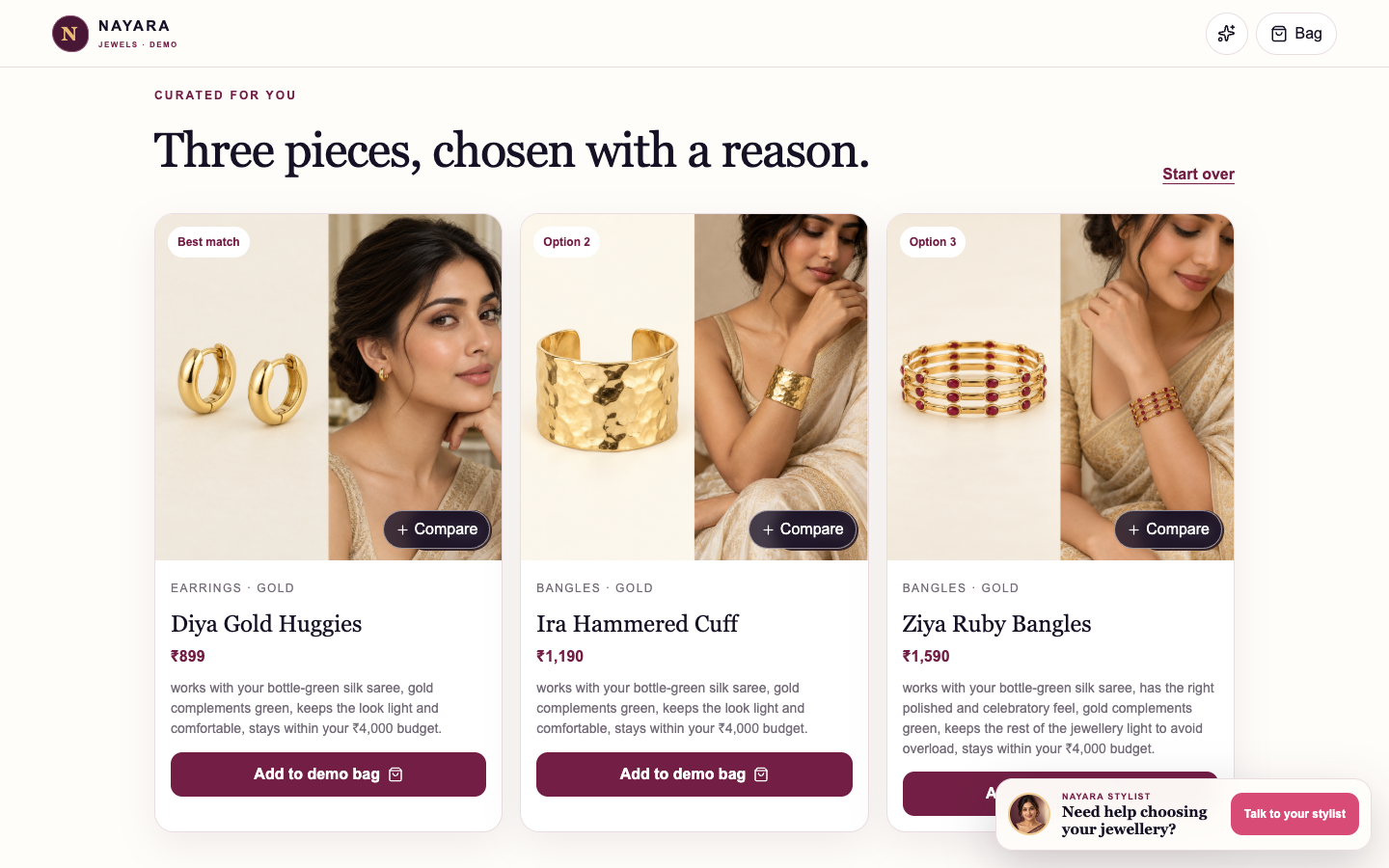 Nayara AI Jewellery Advisor showing three visual catalogue recommendations