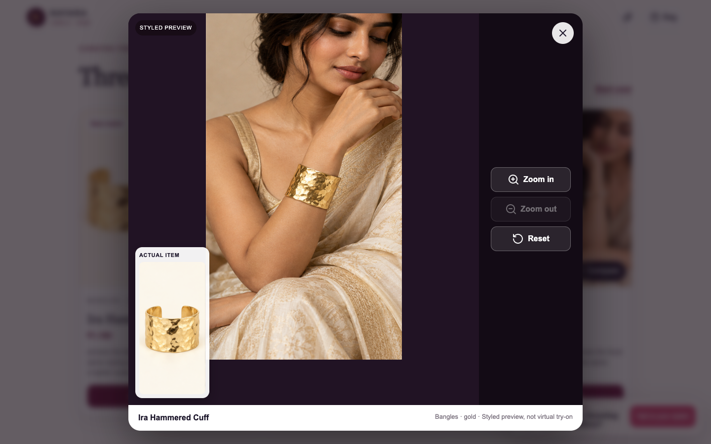 Nayara styled-model preview with a separate product crop and zoom controls
