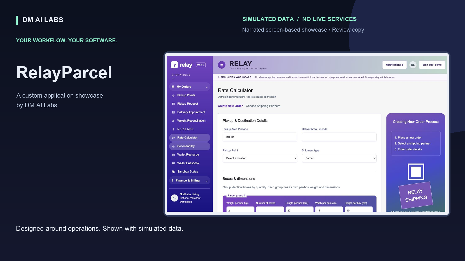 RelayParcel custom application showcase with a simulated shipping workspace