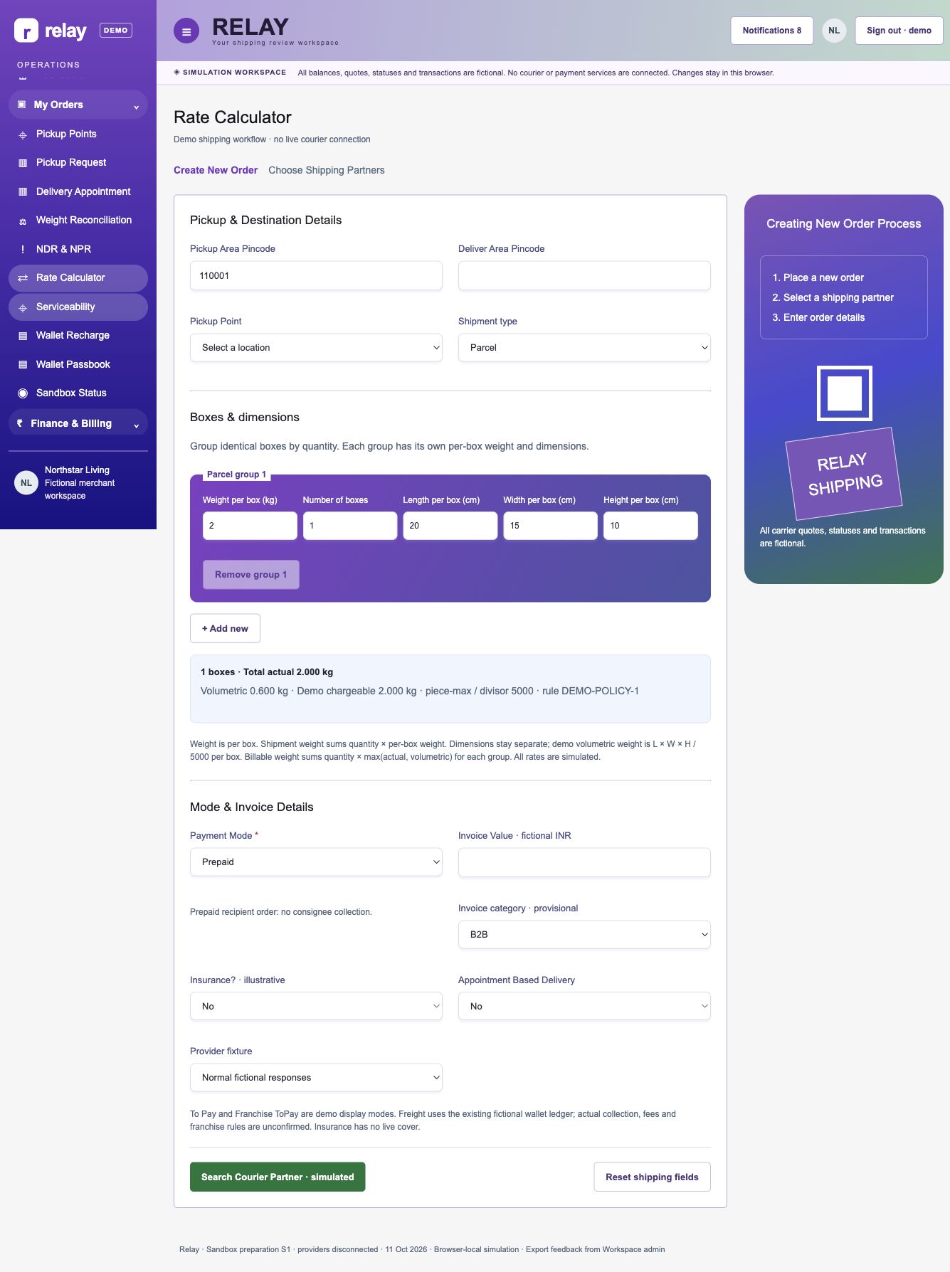 Relay demo rate calculator with parcel group, weight and dimension fields